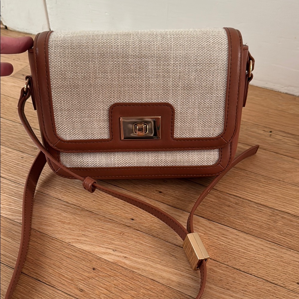 J.Crew Edie bag in Spanish canvas & brown leather trim